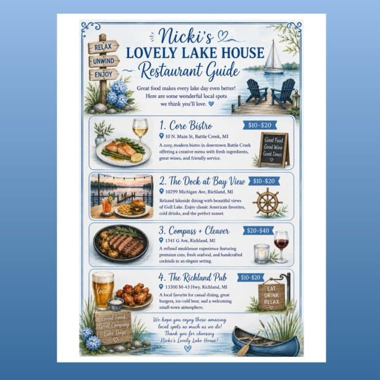 A guest guide printed for a lake house rental