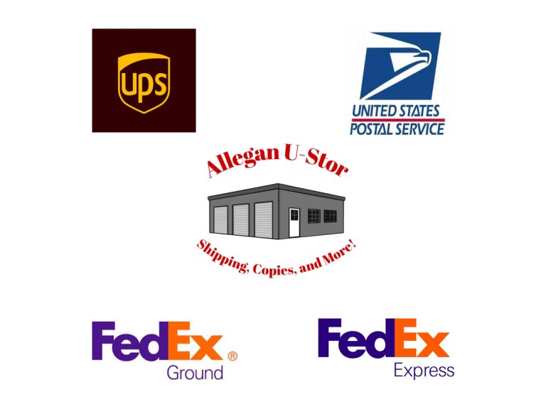 UPS, USPS and FedEx shipping carrier logos with the Allegan U-Stor mark